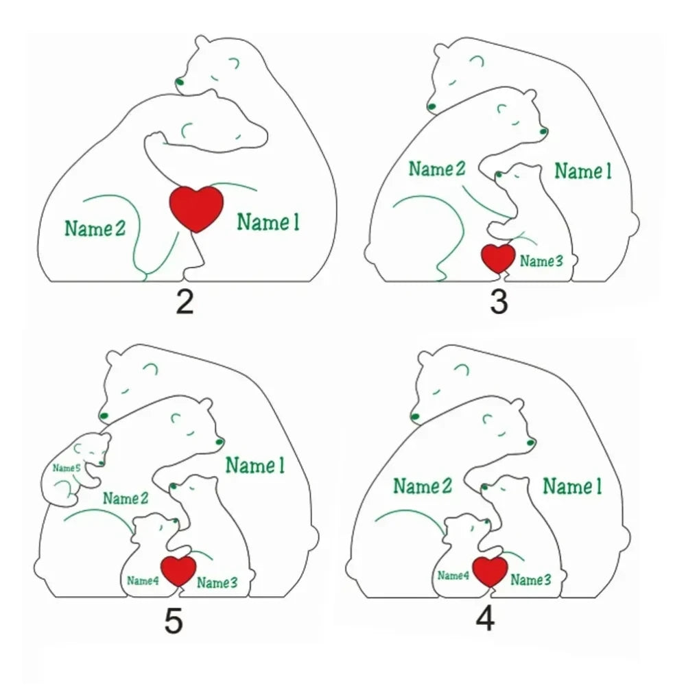 Puzzle en bois personnalisé représentant une famille d'ours, personnalisez vos prénoms