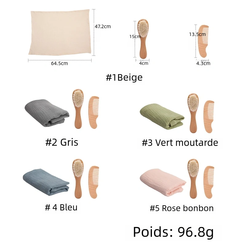 Ensemble de lot serviettes de bain en coton 100%, une brosse de bain en bois doux et une peigne pour enfants
