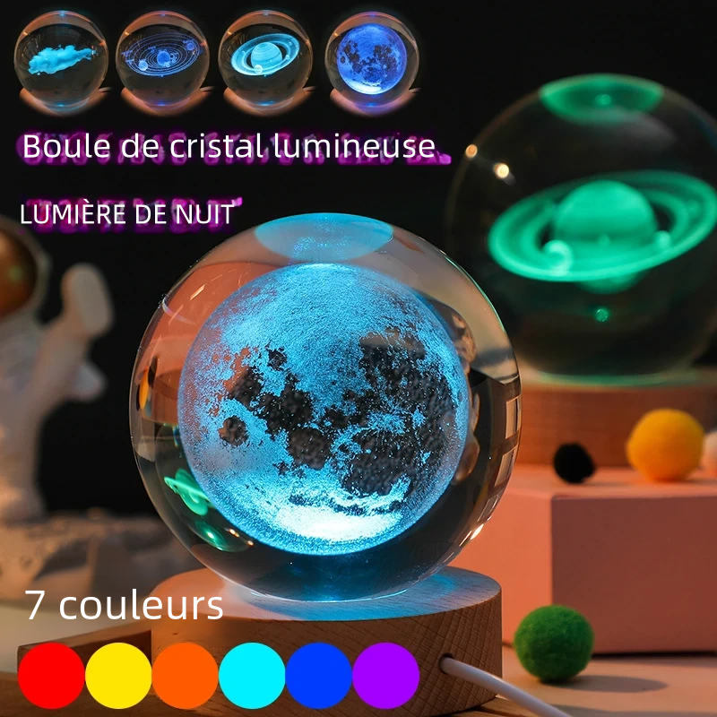 Lampe de cristal 3D, lumières planétaires lumineuses, veilleuse galactique en forme de boule de cristal