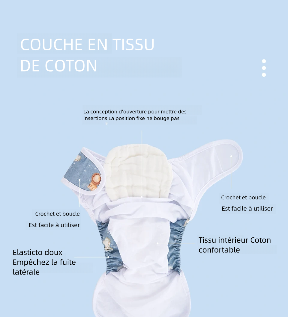 Couches réutilisable tissu en coton crochet et boucle ajustable imperméable