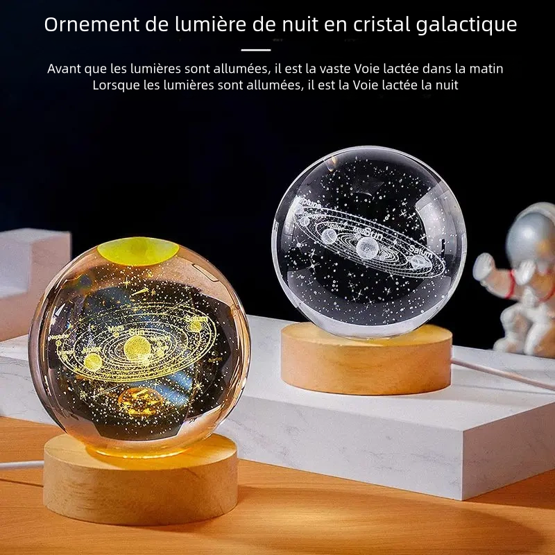 Lampe de cristal 3D, lumières planétaires lumineuses, veilleuse galactique en forme de boule de cristal