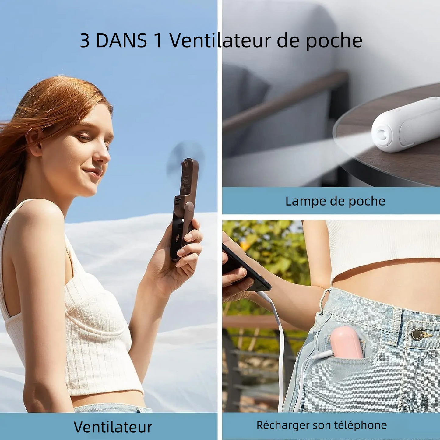 Ventilateur de poche portable 3 en 1 à main