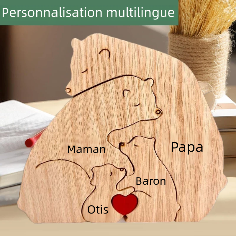 Puzzle en bois personnalisé représentant une famille d'ours, personnalisez vos prénoms