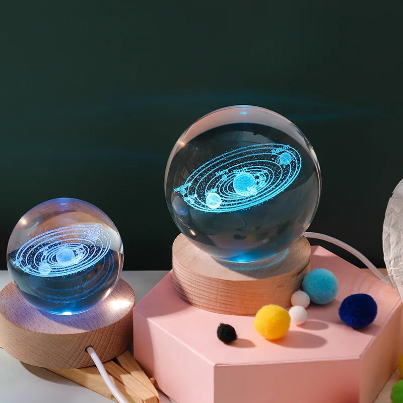 Lampe de cristal 3D, lumières planétaires lumineuses, veilleuse galactique en forme de boule de cristal
