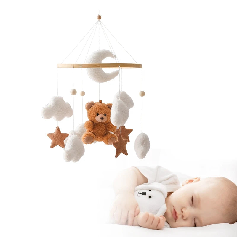 Mobile Suspendu Musical en Bois – Oursons Câlins pour Berceau Bébé