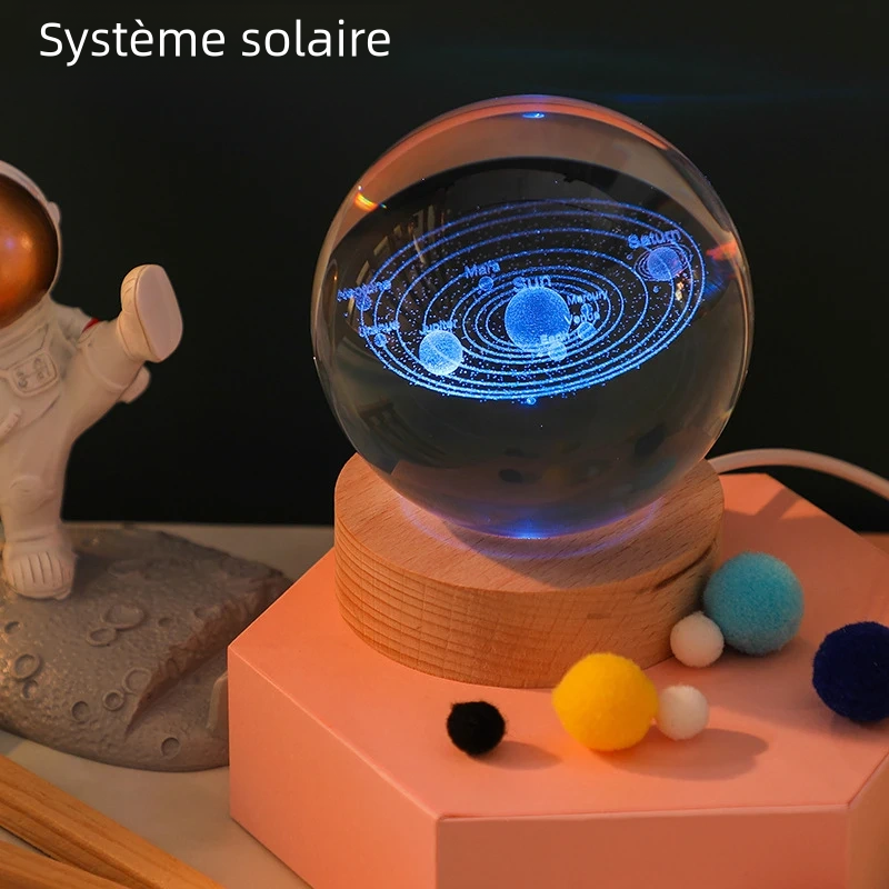 Lampe de cristal 3D, lumières planétaires lumineuses, veilleuse galactique en forme de boule de cristal