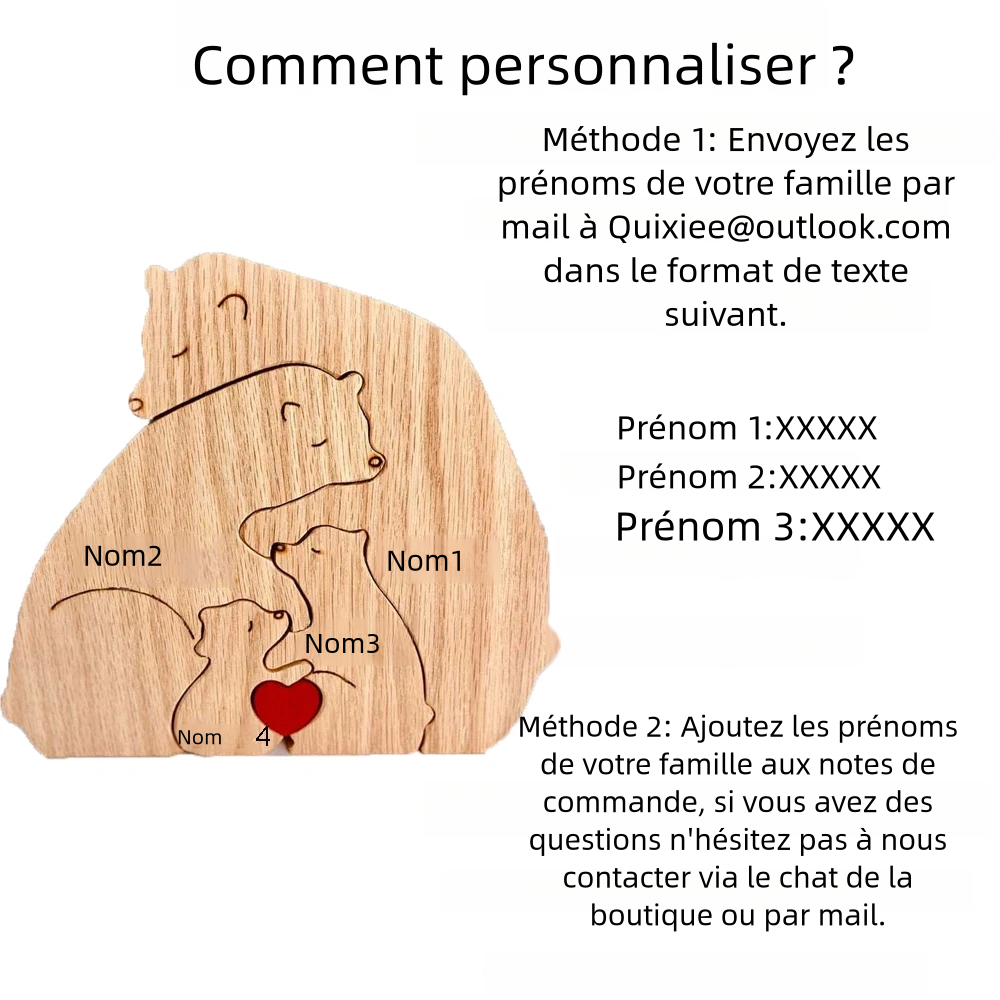Puzzle en bois personnalisé représentant une famille d'ours, personnalisez vos prénoms