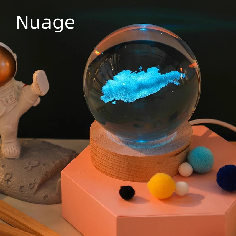 Lampe de cristal 3D, lumières planétaires lumineuses, veilleuse galactique en forme de boule de cristal