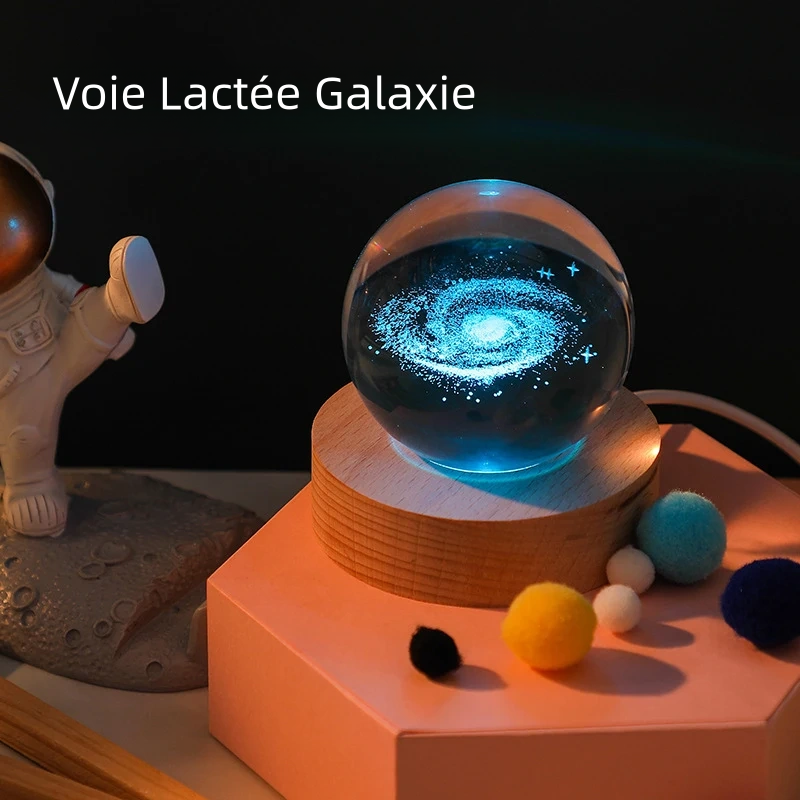 Lampe de cristal 3D, lumières planétaires lumineuses, veilleuse galactique en forme de boule de cristal