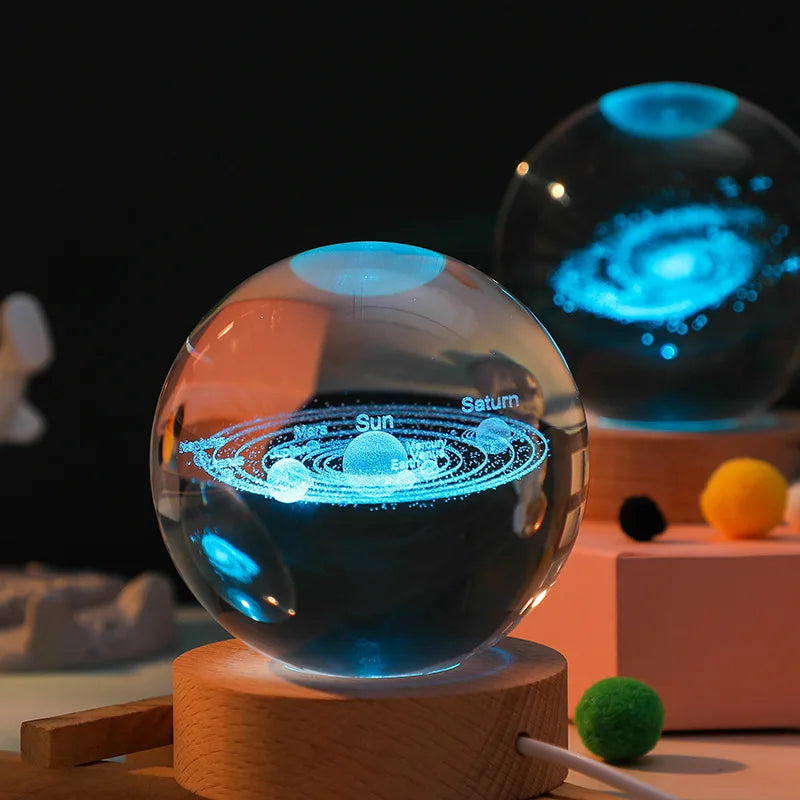 Lampe de cristal 3D, lumières planétaires lumineuses, veilleuse galactique en forme de boule de cristal