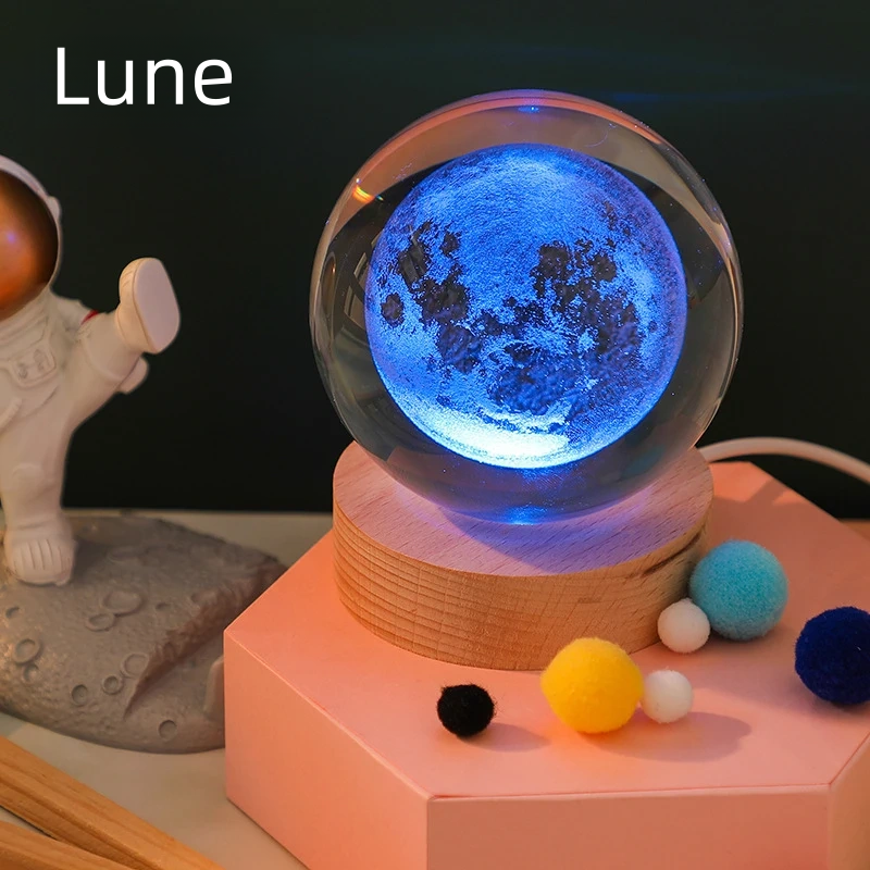 Lampe de cristal 3D, lumières planétaires lumineuses, veilleuse galactique en forme de boule de cristal