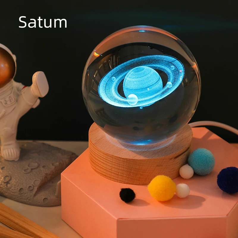 Lampe de cristal 3D, lumières planétaires lumineuses, veilleuse galactique en forme de boule de cristal
